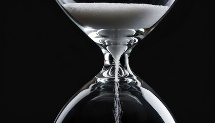 Close up of hourglass with white sand and copy space on black background. Time, timekeeping, shape and colour concept.