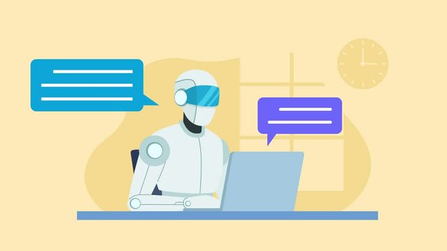 Ai robot sitting at a laptop in the office and conducting a conversation with a client. Flat design style animation. Costumer support chut bot 4k video
