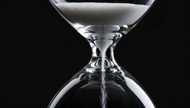 Close up of hourglass with white sand and copy space on black background. Time, timekeeping, shape and colour concept.