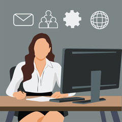 Office Secretary or female office worker, Working on a Computer isolated on a greey backround