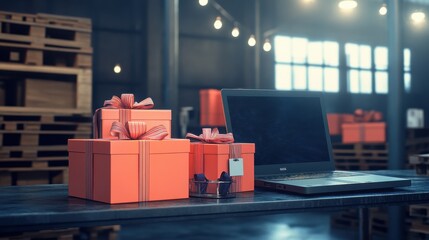 Table with laptop and gift boxes with sale tags on table in warehouse. Online ecommerce retail business black friday discounts deals, free shipping. Best buy holiday offers concept storage background