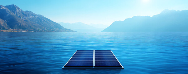 Floating solar panels on serene lake with mountains in background under clear blue sky, showcasing renewable energy.