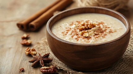 A beautifully arranged bowl of warm porridge with cinnamon and nuts, set on a rustic wooden table with soft natural light