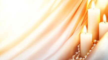 Elegant arrangement of lit candle surrounded by pearls on soft draped fabric, creating a serene ambiance