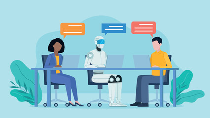 Employees sit at a desk with an AI robot and work on laptops. It runs a conversation and there are communication bubbles by their heads. Flat design vector.