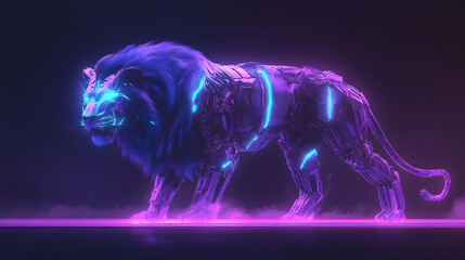 A stunning cybernetic lion with neon lights, futuristic biomechanical details, and a glowing sci-fi aesthetic, set in a high-tech cyberpunk world, ultra-realistic digital art.