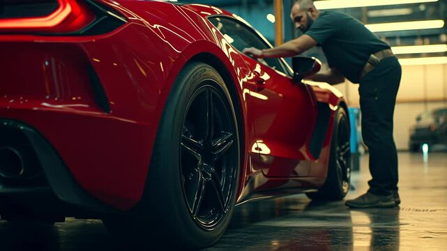 Car enthusiast works on a shiny red sports car in a well-lit garage space with tools nearby