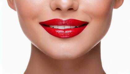 Fototapeta premium Closeup photo of seductive woman parted lush lips painted bright red lipstick with healthy white teeth isolated on white 