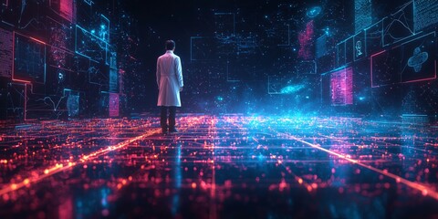 Fototapeta premium Scientist in Futuristic Digital Environment with Neon Lights