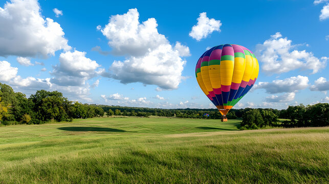 Hot air balloon landing in a green field under a blue sky
