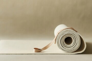 Rolled up yoga mat is resting on unrolled yoga mat with strap on neutral beige background