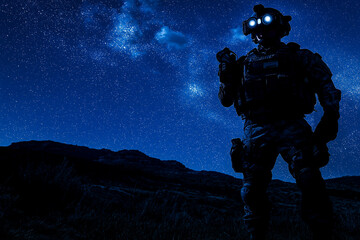 Night Ops: Silhouetted Soldier Under Starry Sky