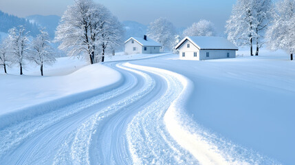 Obraz premium Snowy road curves past winter houses, hills background; winter postcard