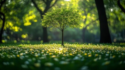 Young tree in sunlit meadow, forest background, nature renewal