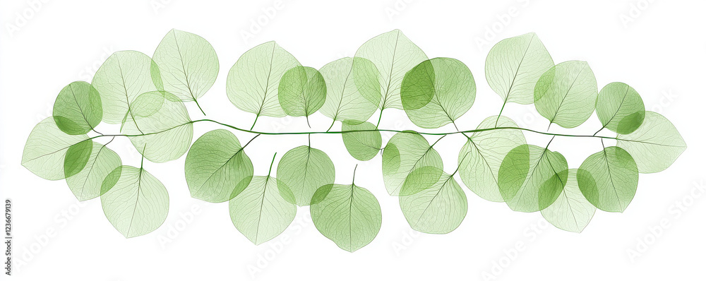 Poster a delicate branch adorned with rounded green leaves, arranged symmetrically, creating a serene and n