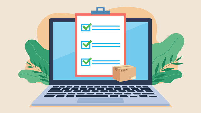 Checklist with checked boxes and shipment is on the laptop screen. Fields marked in green. Tracking the order and shipment of the package. Flat design illustartion.