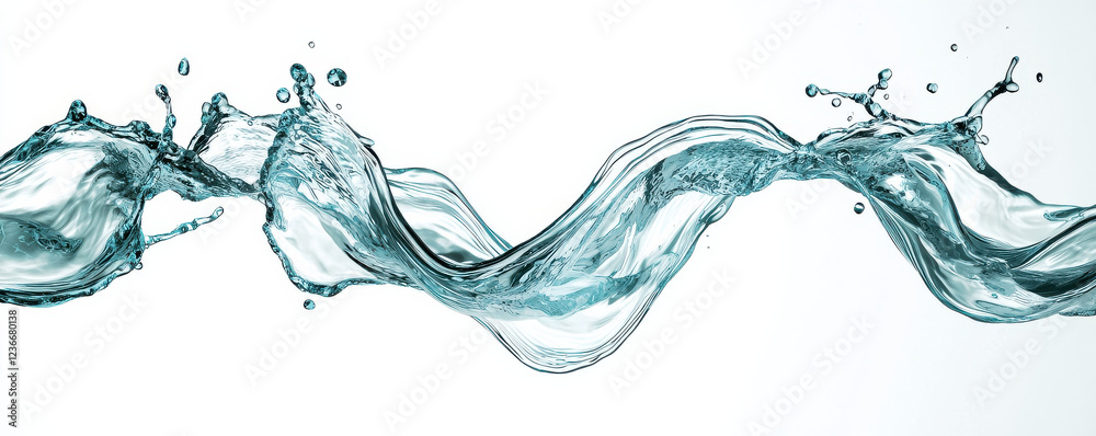 Poster a dynamic splash of water forms graceful waves, capturing the fluid motion and clarity of the liquid