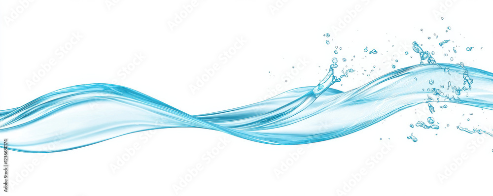 Fototapete a flowing wave of blue water with splashes, creating a dynamic and refreshing visual effect.