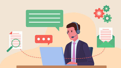 A smiling man in a suit sits at a desk and works on a laptop. Next to him are icons of an email, a document with a magnifying glass, a conversation bubble, and gears. Flat design illustration.	
