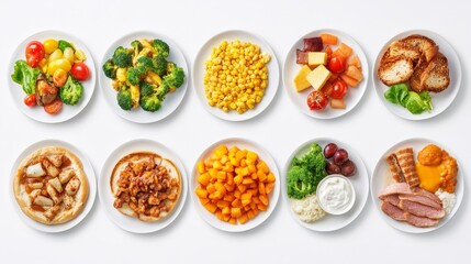 set of various plates of food isolated on a white background, top view