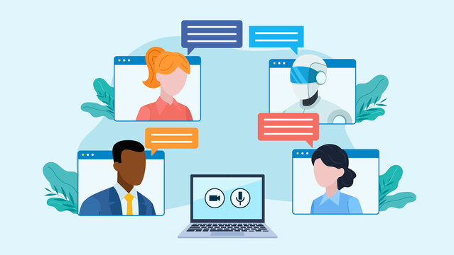 Employee video chat with speech clouds. Employee avatars are located on the communicator tiles. One of the employees is an AI chat bot. At the bottom is a laptop with icons. Flat design illustration.