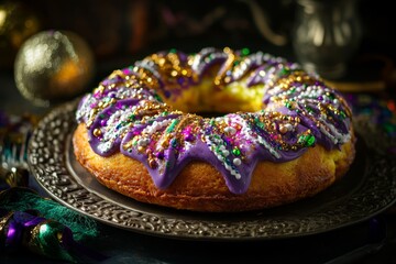 Ornate king cake for mardi gras celebration