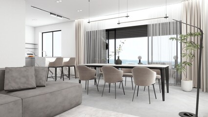 A modern open-plan living space with a marble dining table, beige chairs, a gray sofa, and a sleek kitchen. Floor-to-ceiling windows offer stunning views and natural light