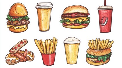 set of fast food products isolated on white background