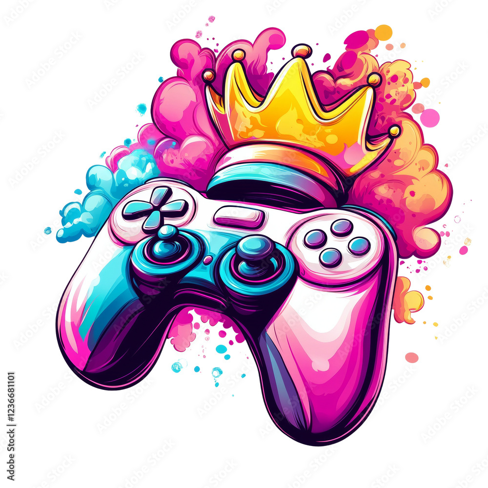 Poster a stylized illustration depicts a video game controller adorned with a golden crown amidst vibrant c