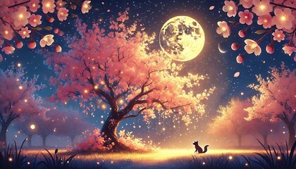 Fototapeta premium A Picturesque and Whimsical Spring Night with a Glowing Sakura Tree Under Enchanting Golden and Navy Moonlight