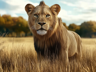 Fototapeta premium Majestic young lion standing in the golden African savanna with intense eyes, symbolizing strength, wilderness, and the beauty of wildlife