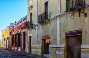 Colorful buildings down a street in Campeche, Mexico