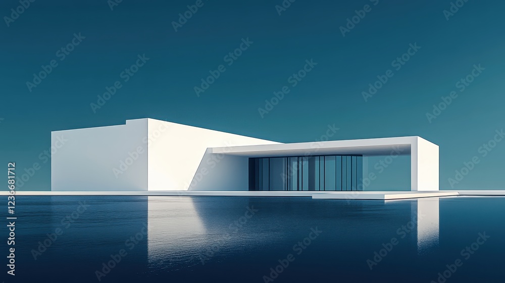 Poster modern architectural design of a white structure with large glass windows reflecting in clear water 