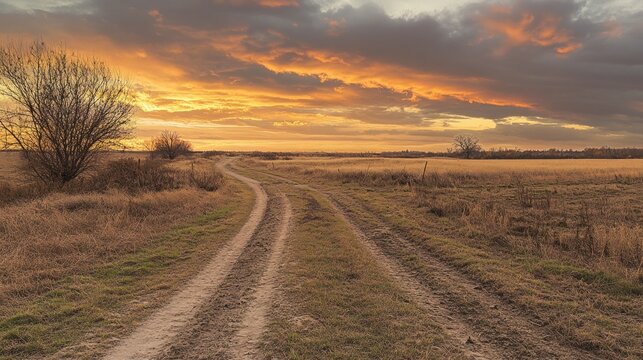 Sunset Country Road, Serene Autumnal Landscape