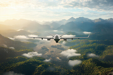 Drone Surveillance Over Misty Mountain Landscape