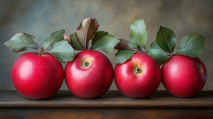 Four Red Apples Resting on Wooden Surface