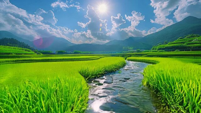 田园绿油油稻田风光溪流乡村田园航拍