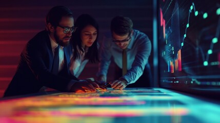 Diverse business team collaborating over projected financial data and analytics