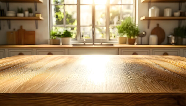 Brown wooden table kitchen counter display copy space with blurred light background
