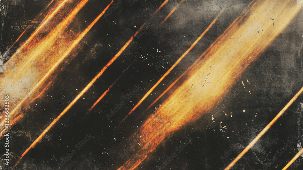 Leinwandbilder Abstract dark background with streaks of warm golden-orange light creating dynamic movement and depth. The vintage, film-like texture includes visible scratches and smudges, with converging light patt