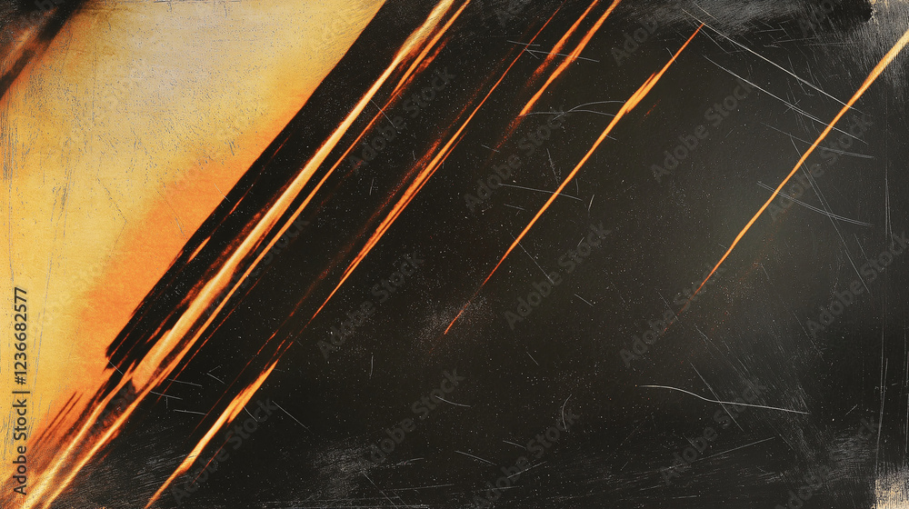 Leinwandbilder Abstract dark background with streaks of warm golden-orange light creating dynamic movement and depth. The vintage, film-like texture includes visible scratches and smudges, with converging light patt