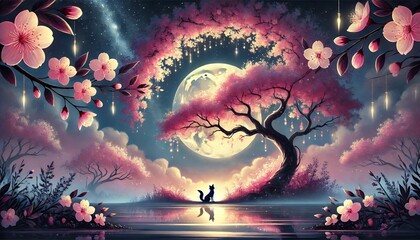 Obraz premium A Serene and Magical Cherry Blossom Night Scene Illuminated by Moonlight, with Enchanting Pastel Hues and a Fox Silhouette Beneath a Starry Sky