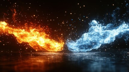 Abstract fire and ice clashing on a reflective surface