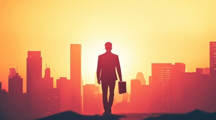Businessman walks through a foggy cityscape at dawn with skyscrapers in the background and a hint of sunlight breaking through the mist