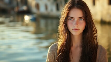 Obraz premium Serene Beauty by the Water: A Captivating Portrait of a Young Woman