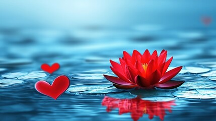 Vibrant red lotus blooming gracefully on tranquil water, surrounded by lily pads and heart-shaped leaves. A serene and beautiful scene symbolizing purity and elegance in nature.