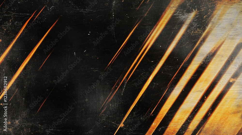 Aufkleber Abstract dark background with streaks of warm golden-orange light creating dynamic movement and depth. The vintage, film-like texture includes visible scratches and smudges, with converging light patt