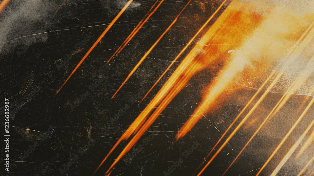 Poster Abstract dark background with streaks of warm golden-orange light creating dynamic movement and depth. The vintage, film-like texture includes visible scratches and smudges, with converging light patt