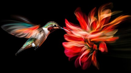 Hummingbird feeding on a vibrant red flower in a lush garden setting during bright daylight hours