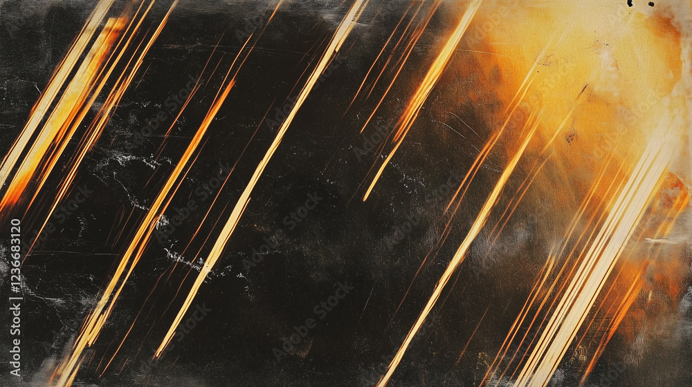 Aufkleber Abstract dark background with streaks of warm golden-orange light creating dynamic movement and depth. The vintage, film-like texture includes visible scratches and smudges, with converging light patt